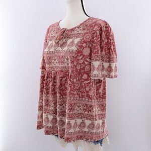 Lucky Brand Womens Tunic Top Red Floral Print Tie Neck Boho Size L